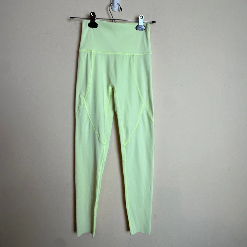 Aerie Neon Yellow Green High Rise Raw Hem Full Length Leggings Womens Size Small - Picture 16 of 16